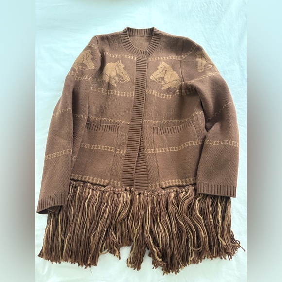 NWT - Horse-Pattern Wool Blend Fringe Cardigan - Picture 2 of 3